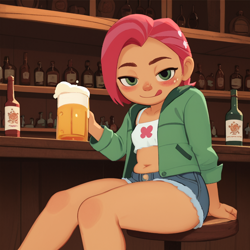 Size: 1024x1024 | Tagged: safe, babs seed, /jdb/, ai generated, banned from derpibooru, beer mug, blushing, chubby, clothes, denim shorts, drunk, female, human, humanized, imported from twibooru, jacket, lolicon, short shirt, shorts, solo, underage, underaged drinking