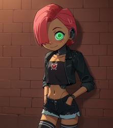 Size: 1024x1152 | Tagged: safe, babs seed, /jdb/, ai generated, banned from derpibooru, blushing, clothes, denim shorts, female, freckles, glowing eyes, human, humanized, imported from twibooru, jacket, leather jacket, lolicon, robot, shorts, socks, solo, thigh highs, underage