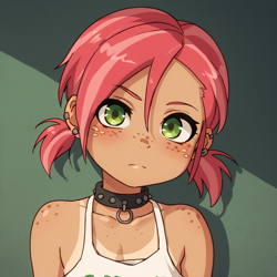 Size: 1024x1024 | Tagged: safe, babs seed, /jdb/, ai generated, banned from derpibooru, choker, female, freckles, human, humanized, imported from twibooru, lolicon, pigtails, solo, tan lines, underage
