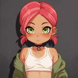 Size: 1024x1024 | Tagged: safe, babs seed, /jdb/, ai generated, banned from derpibooru, choker, ear cuff, ear piercing, earring, female, freckles, human, humanized, imported from twibooru, jewelry, lolicon, piercing, pigtails, solo, tan lines, underage