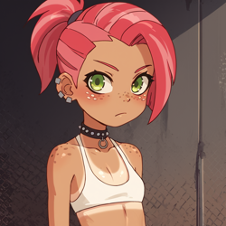Size: 1024x1024 | Tagged: suggestive, babs seed, /jdb/, ai generated, banned from derpibooru, choker, ear cuff, female, freckles, human, humanized, imported from twibooru, jailbait, lolicon, ponytail, solo, tan lines, underage