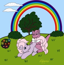 Size: 781x800 | Tagged: explicit, artist:demonic, baby lickety-split, bow, bush, dragon, dragon on pony action, duo, duo male and female, earth pony, female, foalcon, g1, imported from derpibooru, interspecies, male, outdoor sex, outdoors, pony, rainbow, sex, spike (g1), straight, sweat, tail, tail bow, tree