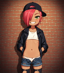 Size: 1024x1152 | Tagged: safe, babs seed, /jdb/, ai generated, backwards ballcap, banned from derpibooru, baseball cap, brick wall, cap, clothes, denim shorts, female, freckles, hat, human, humanized, imported from twibooru, jacket, leather jacket, lolicon, panties, shorts, socks, thigh highs, underage, underwear