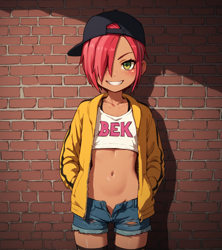 Size: 1024x1152 | Tagged: safe, babs seed, /jdb/, ai generated, backwards ballcap, banned from derpibooru, baseball cap, cap, clothes, denim shorts, female, freckles, hat, human, humanized, imported from twibooru, jacket, lolicon, shorts, underage