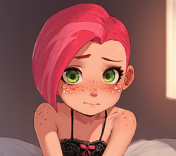 Size: 1152x1024 | Tagged: safe, babs seed, /jdb/, ai generated, banned from derpibooru, blushing, clothes, female, freckles, human, humanized, imported from twibooru, lingerie, lolicon, looking at you, underage