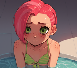 Size: 1152x1024 | Tagged: safe, babs seed, /jdb/, ai generated, banned from derpibooru, bikini, blushing, clothes, female, freckles, human, humanized, imported from twibooru, lolicon, swimming pool, swimsuit, underage