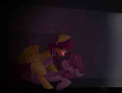 Size: 1275x975 | Tagged: explicit, artist:shenanigasms, scootaloo, blushing, collar, dildo, doubleheaded dildo, drool, drool string, female, foalcon, g4, imported from derpibooru, lesbian, lesboloo, pegasus, pony, ruby pinch, sex toy, ship:scootapinch, shipping, unicorn