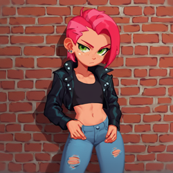 Size: 1024x1024 | Tagged: safe, babs seed, /jdb/, ai generated, banned from derpibooru, brick wall, clothes, female, freckles, human, humanized, imported from twibooru, jacket, jeans, leather jacket, lolicon, pants, solo, underage
