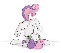 Size: 630x550 | Tagged: explicit, artist:fantasyglow, sweetie belle, :p, butt, crotchboobs, cute, cute porn, female, foalcon, g4, genitals, imported from derpibooru, looking at you, nipples, nudity, piledriver, simple background, solo, solo female, teats, tongue out, underhoof, upside down, vulva, white background