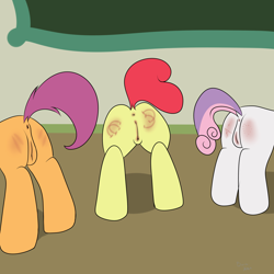 Size: 2000x2000 | Tagged: explicit, artist:barrzalex, apple bloom, scootaloo, sweetie belle, anus, biting, butt, butt bite, butt blush, butt only, cutie mark crusaders, disembodied butt, dock, earth pony, female, foalcon, g4, imported from derpibooru, literal butthurt, nudity, pain, plot, pony, raised tail, spanking, trio, vulva