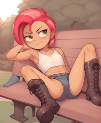 Size: 1400x1696 | Tagged: suggestive, babs seed, /jdb/, ai generated, banned from derpibooru, bench, female, human, humanized, imported from twibooru, lolicon, underage