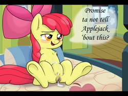 Size: 1600x1200 | Tagged: explicit, artist:facelessjr, apple bloom, aftersex, bed, bedroom, blushing, bow, creampie, crotchboobs, cum, cum inflation, earth pony, female, filly, foal, foalcon, g4, hair bow, implied straight, imported from derpibooru, leaking, nipples, nudity, pony, puddle, solo, solo female, speech, sweat, teats, underhoof, vulva
