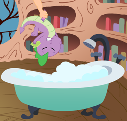 Size: 800x760 | Tagged: explicit, spike, backflip, bath, bathtub, book, bubble, bubble bath, claw foot bathtub, dragon, edit, foalcon, g4, golden oaks library, handjob, human on dragon action, imported from derpibooru, library, screencap