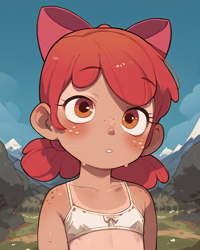 Size: 1024x1280 | Tagged: suggestive, apple bloom, /jdb/, ai generated, banned from derpibooru, clothes, female, freckles, human, humanized, imported from twibooru, lolicon, solo, tan lines, underage, underwear