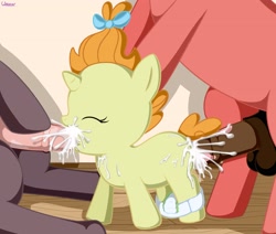Size: 3300x2800 | Tagged: explicit, artist:unistar, baby, babycon, big macintosh, blowjob, creampie, cum, diaper, diaper pulled down, earth pony, foalcon, g4, gangbang, group sex, imported from derpibooru, male, nudity, oral, penis, pony, pumpkin cake, sex, show accurate, show accurate porn, spitroast, stallion, straight, why, why sid why