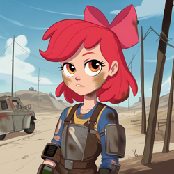 Size: 1024x1024 | Tagged: safe, apple bloom, /jdb/, ai generated, banned from derpibooru, fallout, female, human, humanized, imported from twibooru, lolicon, underage