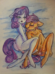 Size: 612x816 | Tagged: explicit, artist:busoni, scootaloo, sweetie belle, anthro, breasts, female, foalcon, g4, imported from derpibooru, lesbian, nipples, nudity, sex toy, ship:scootabelle, vagina, vibrator