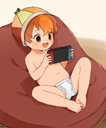 Size: 1500x1800 | Tagged: suggestive, artist:thebrushking, button mash, alternate version, banned from derpibooru, beanbag chair, briefs, clothes, hat, human, humanized, imported from twibooru, male, nintendo switch, propeller hat, shotacon, solo, solo male, underage, underwear