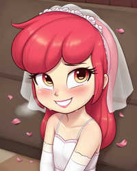 Size: 1024x1280 | Tagged: safe, apple bloom, /jdb/, ai generated, banned from derpibooru, bridal veil, bride, child, clothes, crying, dress, equestria girls, female, gloves, human, humanized, imported from twibooru, lipstick, lolicon, long gloves, makeup, smiling, tears of joy, underage, wedding dress, wedding veil