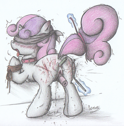 Size: 960x971 | Tagged: explicit, semi-grimdark, artist:patoriotto, sweetie belle, anal insertion, anus, bdsm, blindfold, blood, blushing, bondage, butt, collar, dildo, female, filly, foal, foalcon, g4, imported from derpibooru, insertion, masochism, nudity, plot, pony, riding crop, rope, sex toy, solo, solo female, spanking, tongue out, unicorn, vaginal insertion, vaginal secretions, vulva, whipping