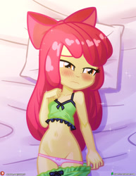 Size: 1500x1942 | Tagged: suggestive, artist:dieart77, apple bloom, belly, belly button, blushing, bow, child, clothes, equestria girls, female, g4, hair bow, human, imported from twibooru, lolicon, older, panties, solo, solo female, underage, underwear, undressing, young