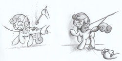 Size: 1363x683 | Tagged: explicit, semi-grimdark, artist:patoriotto, sweetie belle, abuse, anus, black and white, bondage, branding, branding iron, female, filly, foal, foalcon, g4, grayscale, imported from derpibooru, leash, literal butthurt, monochrome, nudity, pain, pixiv, pony, simplistic anus, solo, solo female, sweetiebuse, teary eyes, torture, unicorn, vaginal secretions, vulva