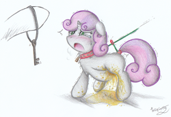 Size: 1419x976 | Tagged: questionable, artist:patoriotto, sweetie belle, accident, accidental wetting, bathroom denial, blushing, bondage, collar, covering crotch, dead source, female, fetish, foalcon, g4, humiliation, imported from derpibooru, leash, need to pee, omorashi, pissing, pissing on self, pixiv, potty failure, potty time, teary eyes, urine, watersports, wetting