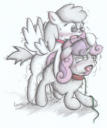 Size: 921x1104 | Tagged: explicit, artist:patoriotto, sweetie belle, oc, blushing, canon x oc, collar, drool, foalcon, futa, futa oc, g4, glasses, implied futa, imported from derpibooru, intersex, pegasus, pixiv, pony, sex, vaginal secretions