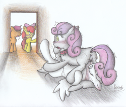 Size: 1343x1136 | Tagged: explicit, artist:patoriotto, apple bloom, scootaloo, sweetie belle, oc, 69 position, anus, blushing, canon x oc, caught, collar, cunnilingus, cutie mark crusaders, door, female, foalcon, g4, glasses, imported from derpibooru, lesbian, nudity, oral, pegasus, pixiv, pony, sex, vaginal secretions