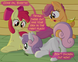 Size: 1280x1024 | Tagged: explicit, artist:darkenthepony, apple bloom, scootaloo, sweetie belle, blushing, cutie mark crusaders, female, foalcon, g4, imported from derpibooru, lesbian, nudity, ship:sweetiebloom, vagina