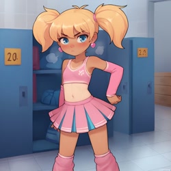 Size: 850x850 | Tagged: suggestive, ai content, ai generated, banned from derpibooru, belly button, breasts, cheerleader, cheerleader outfit, clothes, delicious flat chest, ear piercing, earring, female, human, humanized, imported from twibooru, jewelry, lolicon, looking at you, ms. harshwhinny, piercing, pigtails, prompter:antedown, skirt, small breasts, tan lines, tan skin, underage