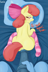 Size: 800x1200 | Tagged: explicit, artist:lamia, artist:sb-af, apple bloom, animated, anthro, anus, bed, blushing, butt breathing, clothes, doggy style, foalcon, futa, futa trixie, g4, gif, horsecock, imminent sex, imported from derpibooru, intersex, nudity, offscreen character, penis, pov, precum, raised tail, socks, striped socks, tip tease, trixie, trixiebloom, unguligrade anthro, vagina