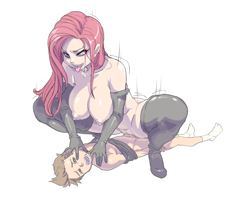 Size: 1500x1200 | Tagged: explicit, artist:maniacpaint, pinkie pie, banned from derpibooru, bondage, bound, cowgirl position, female, femdom, human, humanized, imported from twibooru, leather, male, pinkamena diane pie, pound cake, shotacon, simple background, straight, straight shota, tongue out, underage, white background