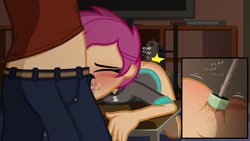 Size: 1280x720 | Tagged: explicit, artist:realdash, scootaloo, oc, oc:anon, banned from derpibooru, bent over, blowjob, blushing, bottomless, clothed sex, clothes, creampie, cum, cum in mouth, dildo, equestria girls, eyes closed, female, fucking machine, hoodie, human, imported from twibooru, kneeling, leaning, lolicon, machine, messy hair, nudity, onomatopoeia, oral, oral creampie, orgasm, partial nudity, penis, plap, post-apocalyptic, sex, sex toy, show accurate, show accurate porn, source needed, spitroast, story included, threesome, underage