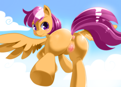 Size: 980x700 | Tagged: explicit, artist:freedomthai, scootaloo, anus, blushing, butt, edit, female, filly, foal, foalcon, g4, imported from derpibooru, nudity, plot, presenting, puckered asshole, sky, solo, solo female, vulva