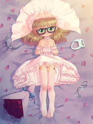 Size: 1500x2000 | Tagged: explicit, artist:lewlem, banned from derpibooru, bed, blushing, bouquet, bouquet of flowers, breasts, bride, child, choker, clothes, cutie mark on human, delicious flat chest, dress, female, flower, glasses, gloves, human, humanized, imported from twibooru, jewelry, lolicon, long socks, looking at you, lying, lying down, nipples, nudity, panties, small breasts, smiling, solo, solo female, tiara, underage, underwear, veil, vulva, wedding dress, zippoorwhill