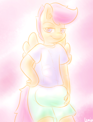 Size: 610x800 | Tagged: explicit, artist:lamia, scootaloo, anthro, clothes, crotch bulge, foalcon, futa, futa scootaloo, g4, hyper, imported from derpibooru, impossibly large balls, impossibly large penis, intersex, nudity, penis