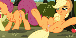 Size: 2400x1200 | Tagged: explicit, artist:facelessjr, apple bloom, applejack, scootaloo, anatomically correct, anus, apple, applebutt, blushing, butt, clitoris, clopping, dock, earth pony, exhibitionism, female, females only, filly, foal, foalcon, food, g4, hoofing, imported from derpibooru, kissing, lesbian, lidded eyes, masturbation, nudity, pegasus, plot, ponut, pony, presenting, raised tail, scootabutt, ship:scootabloom, shipping, show accurate, show accurate porn, vaginal secretions, vulva, vulvar winking, watching