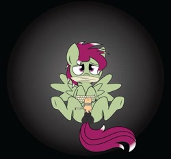 Size: 622x577 | Tagged: explicit, grimdark, artist:shadowflashmlp, oc, oc:columbine, bondage, cloth gag, filly, foal, foalcon, futa, futa oc, futasub, gag, horsecock, imported from derpibooru, intersex, nudity, oc only, pegasus, penis, pony, request, rope, solo, solo futa, spread wings, the parasprite, underhoof, vector, wings
