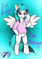 Size: 1400x1954 | Tagged: explicit, artist:vixyhooves, oc, oc:starrunner, bipedal, blushing, bottomless, clothes, crotchboobs, female, filly, foal, foalcon, human vulva, human vulva on pony, implied father and daughter, implied incest, imported from derpibooru, nipples, nudity, oc only, pegasus, pony, signature, solo, solo female, teats, text, vulva, wingboner, young