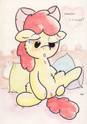 Size: 734x1041 | Tagged: explicit, artist:slightlyshade, apple bloom, bed, blushing, clopping, female, filly, foal, foalcon, g4, imported from derpibooru, masturbation, solo, solo female, traditional art