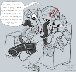 Size: 1000x952 | Tagged: explicit, artist:smudge proof, alcohol, alternate version, crossdressing, foalcon, futa, futa trixie, g4, horsecock, imported from derpibooru, intersex, moustache, nudity, number 25, penis, pony, ship:trails, ship:trips, snails, snips, text, trio, trixie, unicorn, vulgar