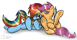 Size: 5470x2893 | Tagged: explicit, artist:pentabins, rainbow dash, scootaloo, anus, female, filly, foal, foalcon, g4, hooves, imported from derpibooru, lesbian, mare, mare on filly, nudity, pegasus, pony, preening, ship:scootadash, shipping, underhoof, vulva