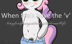 Size: 920x566 | Tagged: questionable, artist:kinkycelestia, sweetie belle, belly button, bipedal, blushing, clothes, crotchboobs, delicious flat crotch, female, foalcon, g4, imported from derpibooru, jeans, justlittlethings, nipples, nudity, pony, pubic hair, solo, solo female, teats, the v