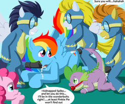 Size: 1250x1042 | Tagged: explicit, artist:cobramcjingleballs, pinkie pie, rainbow dash, spike, anal, ballgag, bisexual, blaze, bondage, clothes, cum, dragon, earth pony, fivesome, foalcon, futa, futa blaze, futa on female, futa on male, g4, gag, goggles, group sex, horsecock, i lied, implied rape, imported from derpibooru, incorrect leg anatomy, intersex, lightning streak, lineless, male, nudity, orgy, pegasus, penis, pony, pony on dragon action, sex, sexual exploitation, ship:soarindash, ship:spikeblaze, ship:streakdash, shipping, soarin', spitroast, spread wings, uniform, wat, wings, wonderbolts, wonderbolts uniform
