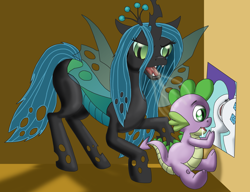 Size: 1000x766 | Tagged: explicit, artist:cobramcjingleballs, queen chrysalis, rarity, spike, anus, changeling feeding, derp, dragon, female, foalcon, g4, imported from derpibooru, male, nudity, picture, ship:sparity, shipping, straight, vagina, wat