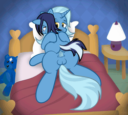 Size: 1000x900 | Tagged: explicit, artist:jepso, oc, oc:cobalt, oc:serenity, animated, balls, bed, commission, daughter, father, father and child, father and daughter, female, female on top, foalcon, gif, imported from derpibooru, incest, male, male on bottom, nudity, oc only, older male, penetration, penis, pony, reverse missionary position, sex, spread legs, spreading, straight, teddy bear, unicorn, ursa minor, vaginal, younger female