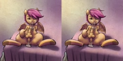 Size: 1800x900 | Tagged: explicit, artist:chromaskunk, artist:kevinsano edits, scootaloo, 3d, anus, cross eye stereogram, cum, edit, femboy, foal, foalcon, g4, horsecock, imported from derpibooru, male, medial ring, nudity, on back, penis, rule 63, scooteroll, solo, solo male, stereoscopy