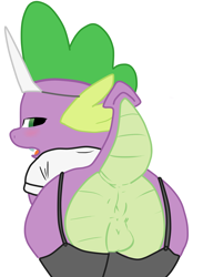 Size: 1598x2188 | Tagged: explicit, artist:terrabutt, spike, anus, balls, clothes, crossdressing, dragon, foalcon, g4, garter belt, imported from derpibooru, leggings, legwear, maid, male, nudity, nurse, nurse spike, solo, solo male, thigh highs