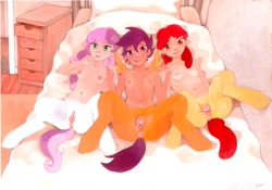 Size: 1587x1114 | Tagged: explicit, artist:-fuchs-, apple bloom, scootaloo, sweetie belle, anatomically correct, anus, bed, bedroom, breasts, butt, clitoris, colored, cutie mark crusaders, female, foalcon, g4, holding hands, imported from derpibooru, looking at you, nipples, nudity, offspring, on back, plot, satyr, satyrized, smiling, spread legs, vulva, vulvar winking, wings